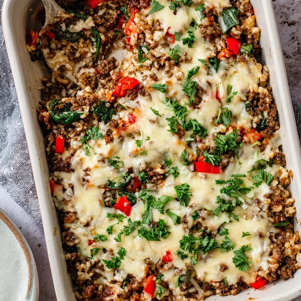 Golden-brown, bubbly Ground Beef Casserole with Cauliflower Rice emerges from the oven, topped with melted cheddar and mozzarella, ready for a hearty low-carb dinner.