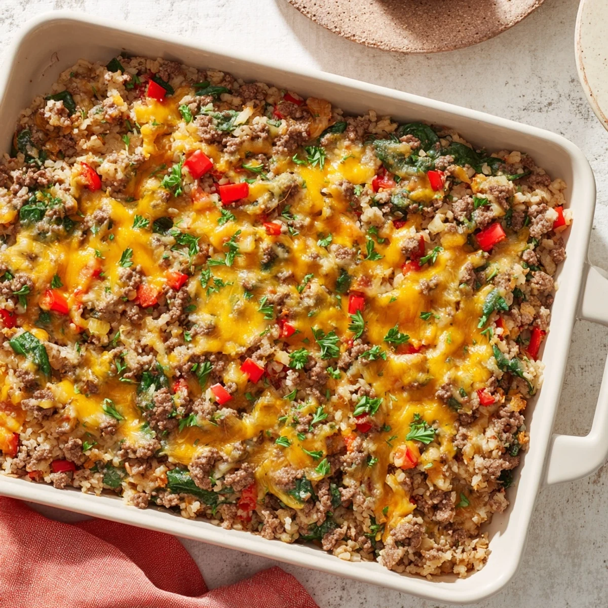 Savory Ground Beef Casserole with Cauliflower Rice plated with a fresh green salad, garnished with chopped parsley on a rustic table for a comforting weeknight meal.