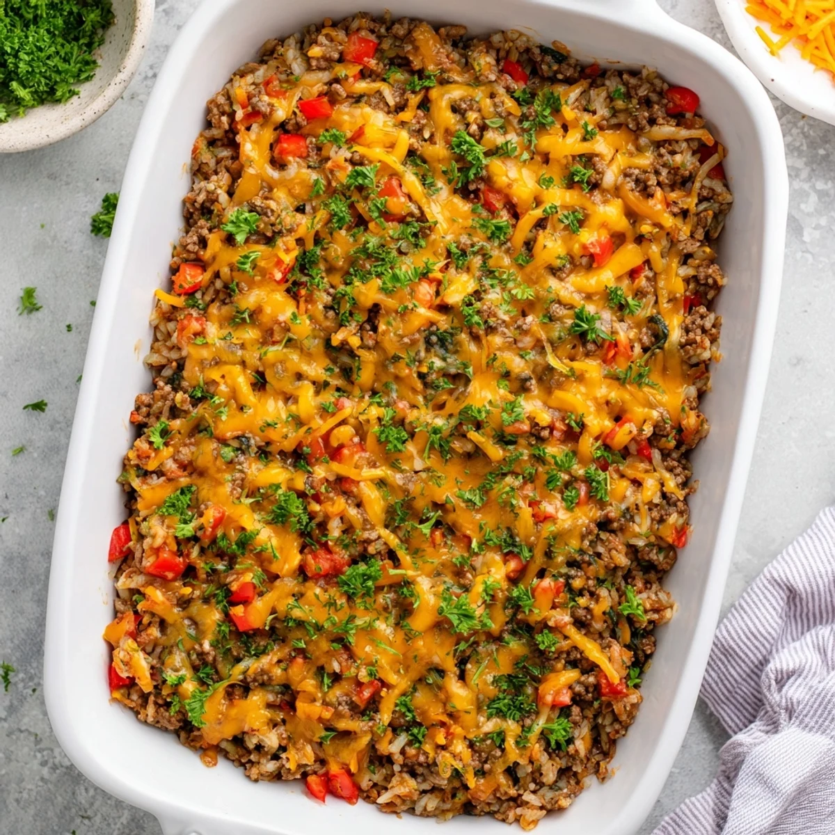 A close-up of Ground Beef Casserole with Cauliflower Rice, revealing a creamy beef filling, tender cauliflower rice, and a perfectly melted cheese topping for a gluten-free main dish.