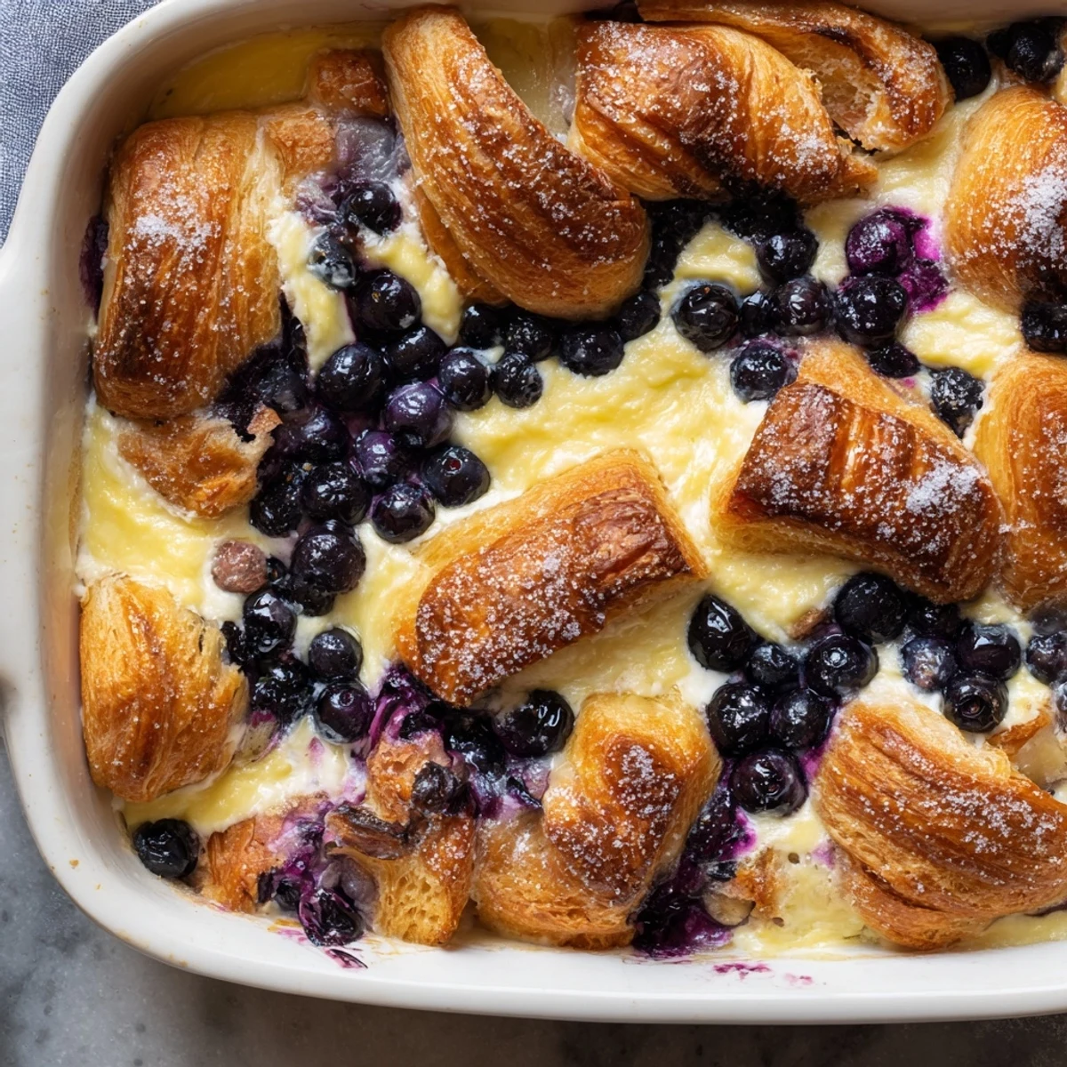 Freshly baked Blueberry Cream Cheese Croissant Casserole with golden, crispy edges and bubbling blueberry filling.