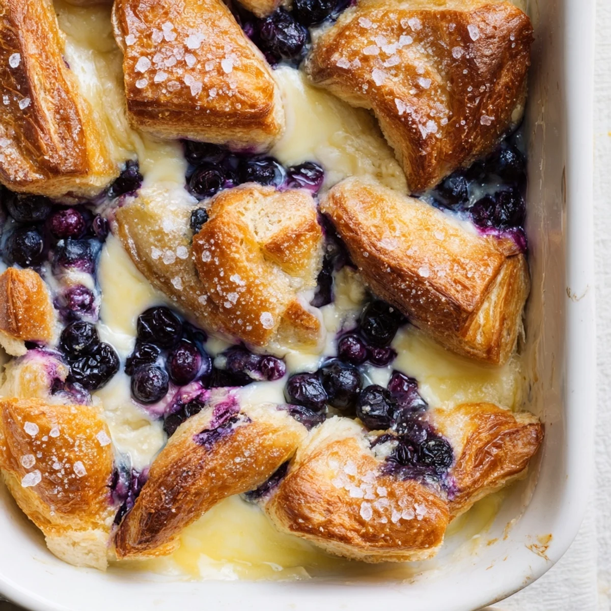 Sliced portion of Blueberry Cream Cheese Croissant Casserole revealing fluffy croissants soaked in rich custard.