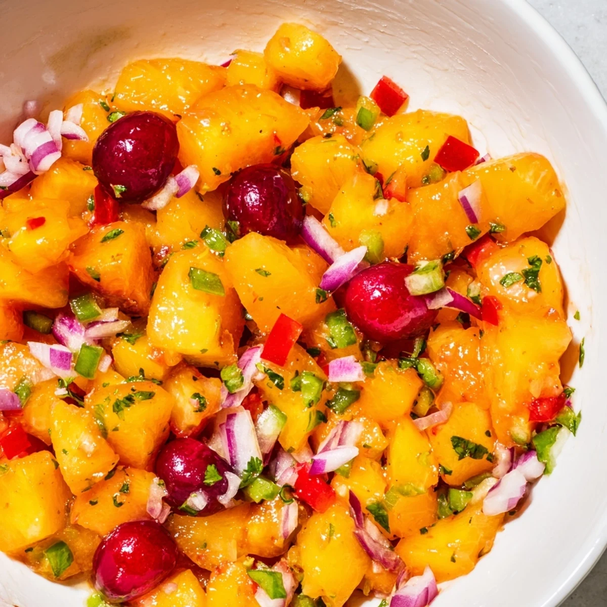 A bowl of Healthy Peach Cherry Salsa with vibrant diced peaches and cherries, garnished with cilantro and red onion.