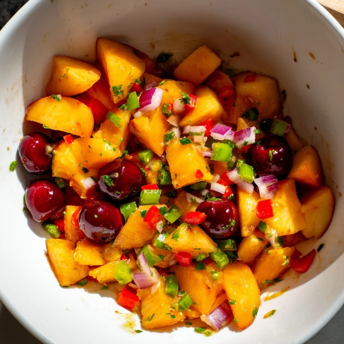 The Healthy Peach Cherry Salsa offers a fresh, colorful medley of fruit and herbs, served chilled in a rustic bowl.