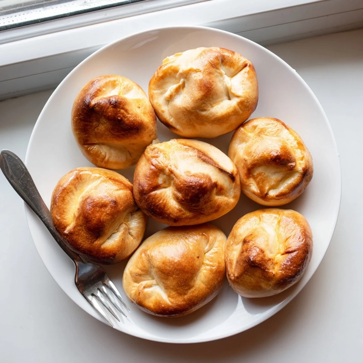 Warm, golden-baked Cheesy Egg and Cheese Piroshki dusted with flour on a rustic board.
