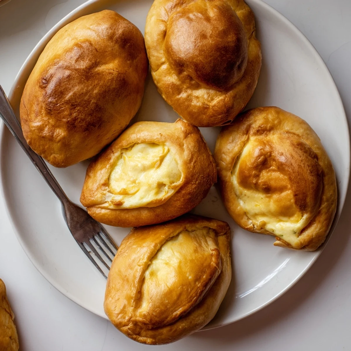 A close-up of Cheesy Egg and Cheese Piroshki resting on parchment with dill garnish.