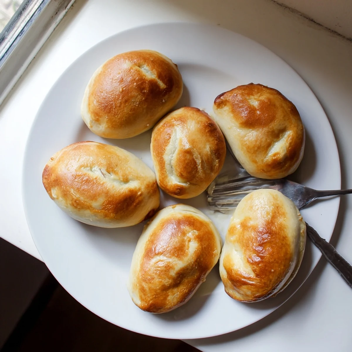 Freshly baked Cheesy Egg and Cheese Piroshki served beside sour cream and a cucumber salad.