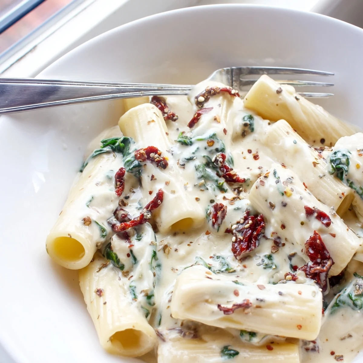 Creamy Tuscan Garlic Sauce in a skillet, spinach and sun-dried tomatoes wilted in a rich, velvety sauce ready for pasta.