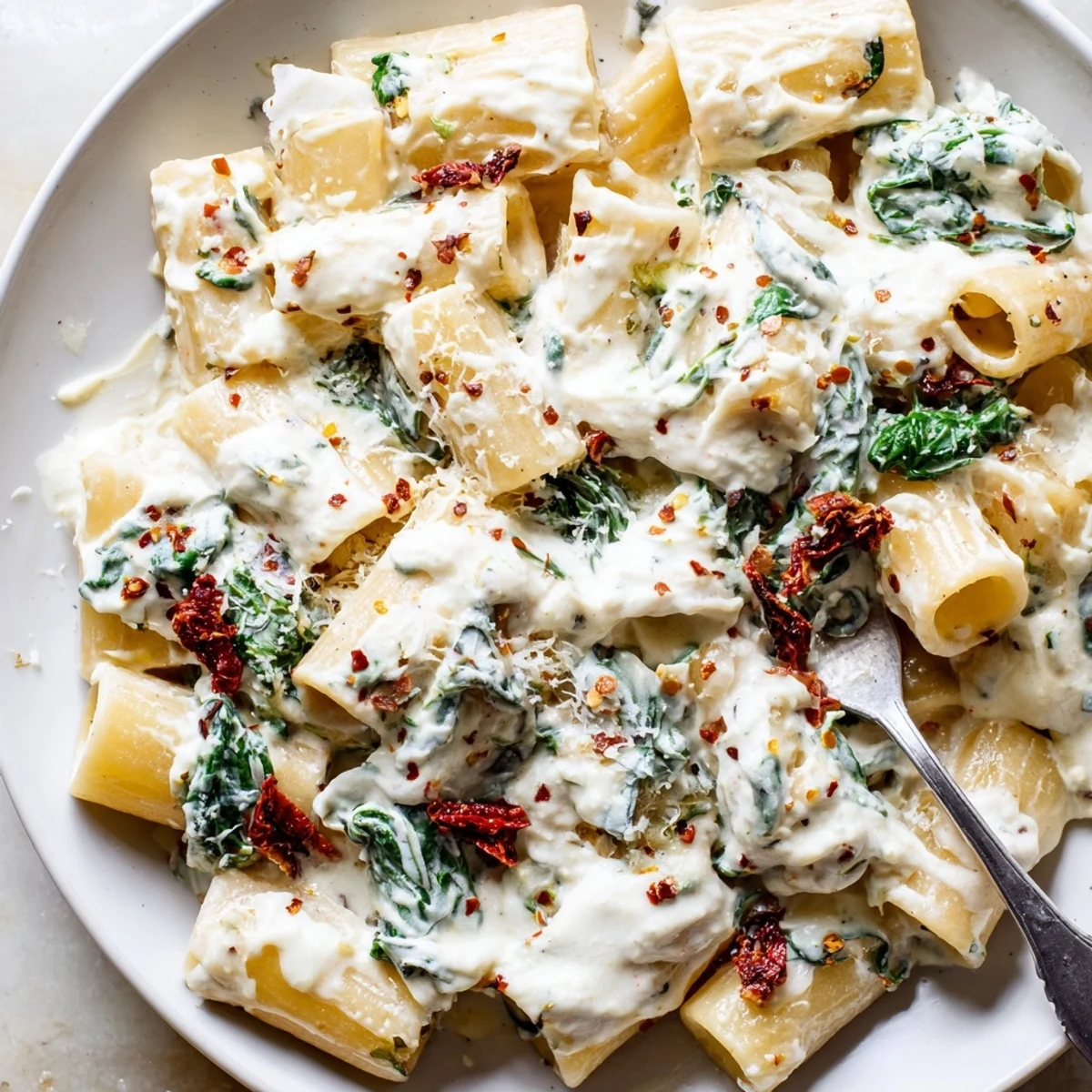 Serving suggestion for Creamy Tuscan Garlic Sauce over penne, garnished with fresh herbs and extra Parmesan beside warm bread.