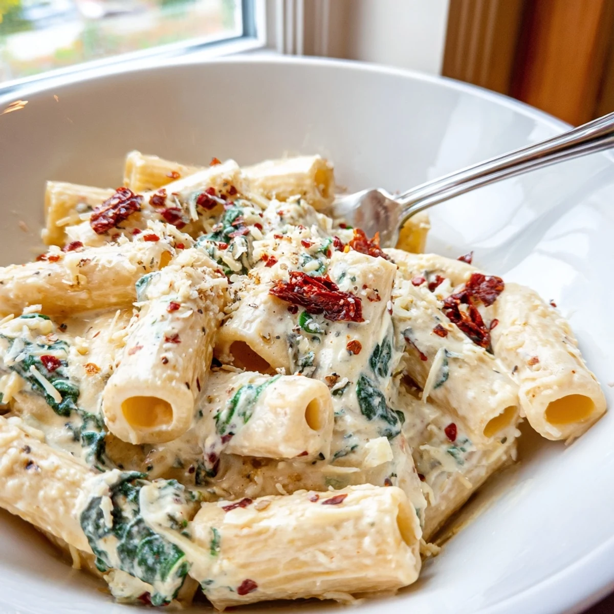 Close-up of Creamy Tuscan Garlic Sauce, golden and creamy with garlic and tomatoes, steaming in a pan for dinner.