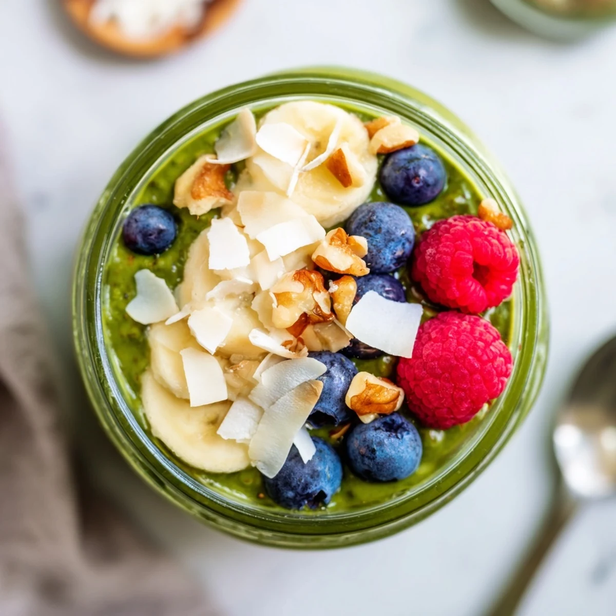 Overnight oats with matcha protein in a clear jar, topped with fresh berries and banana slices for a nourishing breakfast.