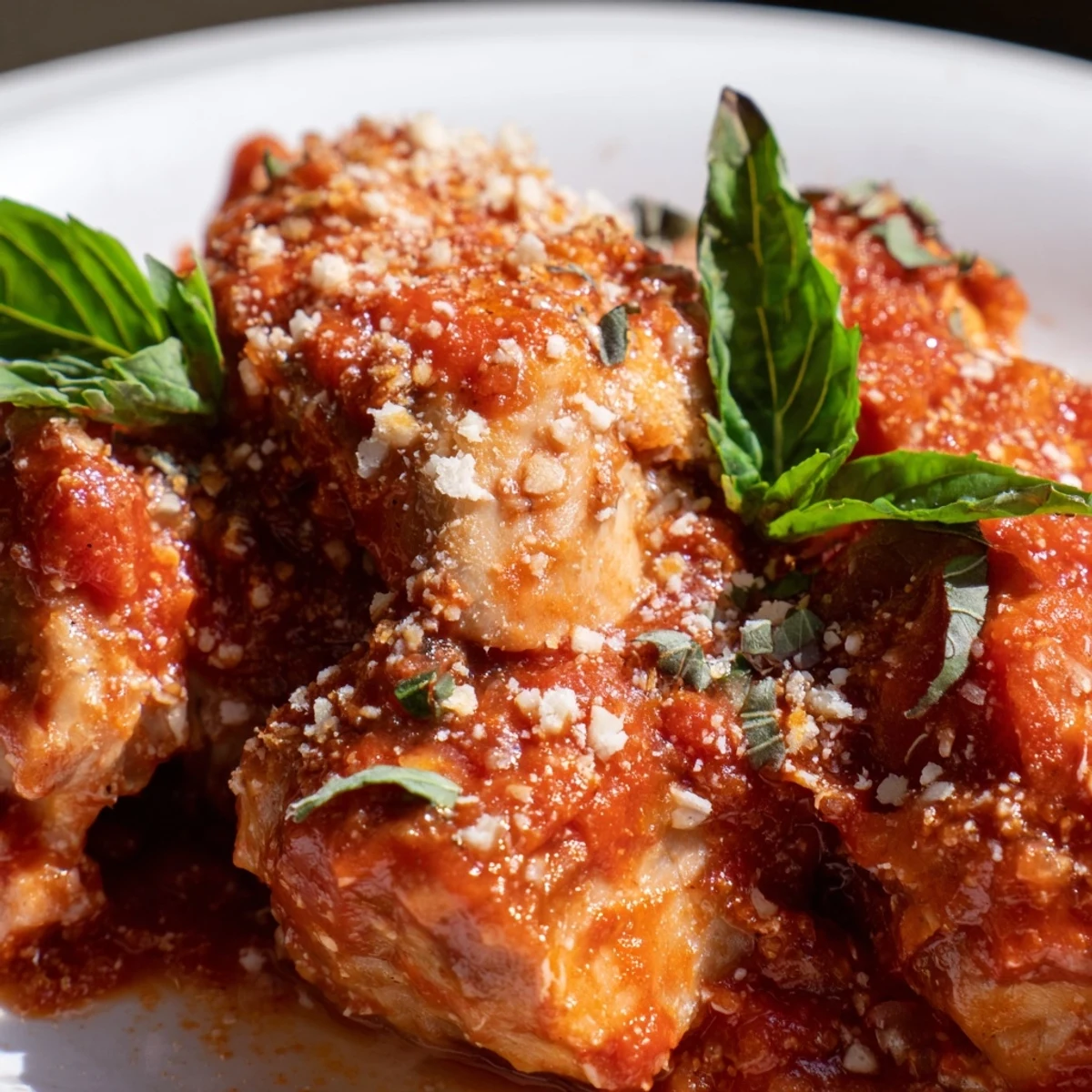 Tender Slow Cooker Tomato Basil Chicken breasts in a rich red sauce, garnished with fresh basil leaves and served over creamy polenta.