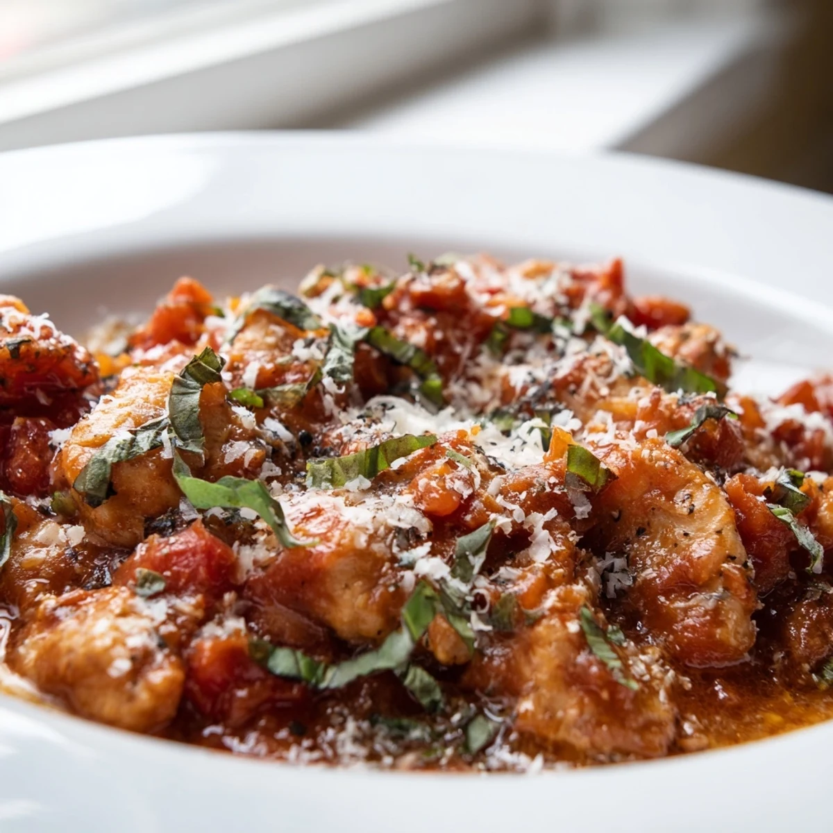 A close-up of Slow Cooker Tomato Basil Chicken with shredded meat, fragrant basil, and a spoon dipping into the saucy Italian mixture.