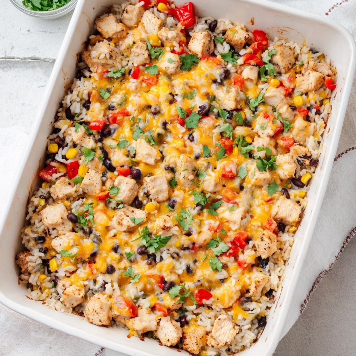 Golden-brown Mexican Chicken and Rice Bake casserole with melted cheese and vibrant peppers, garnished with cilantro.