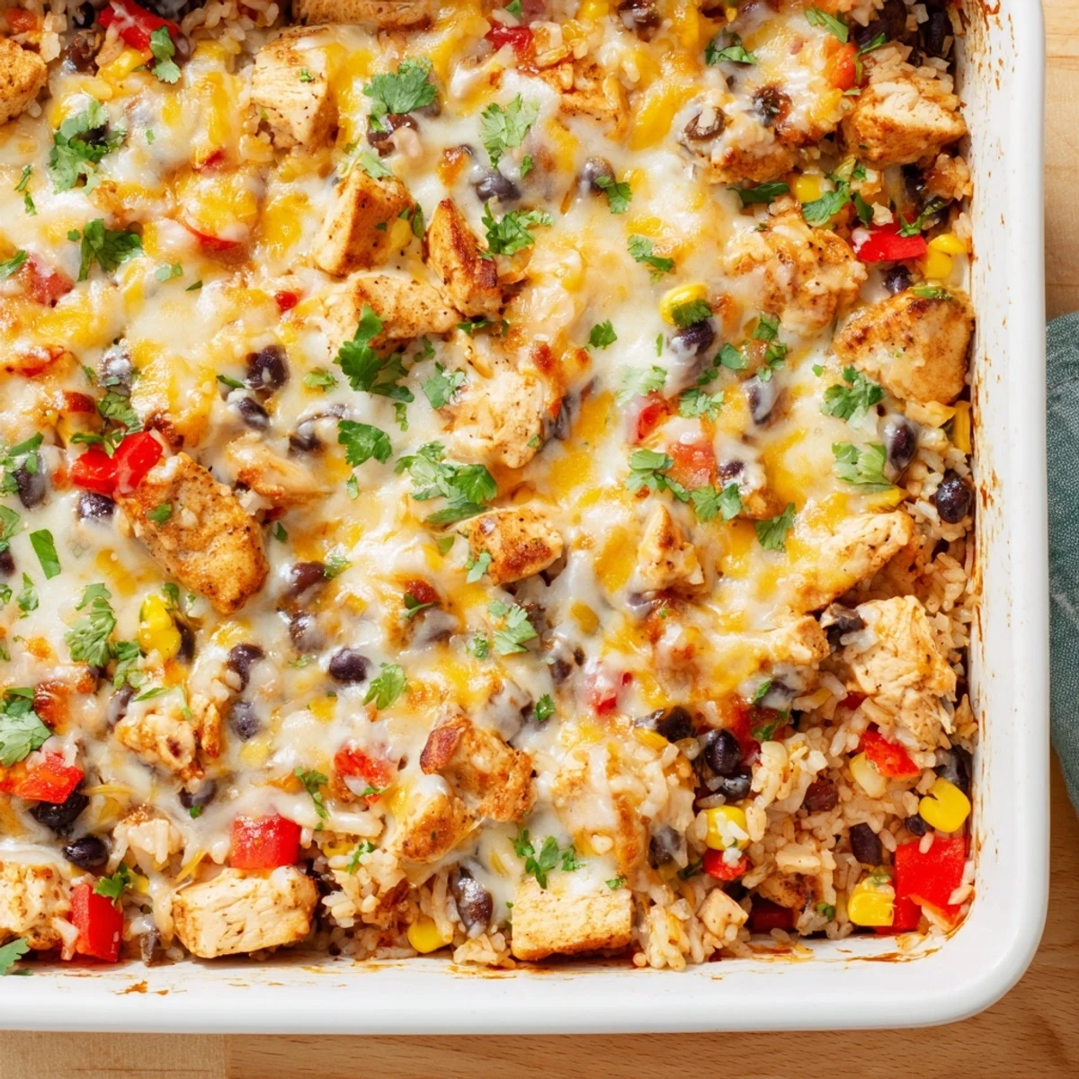 A close-up view of the Mexican Chicken and Rice Bake, showing tender chicken pieces and fluffy rice.