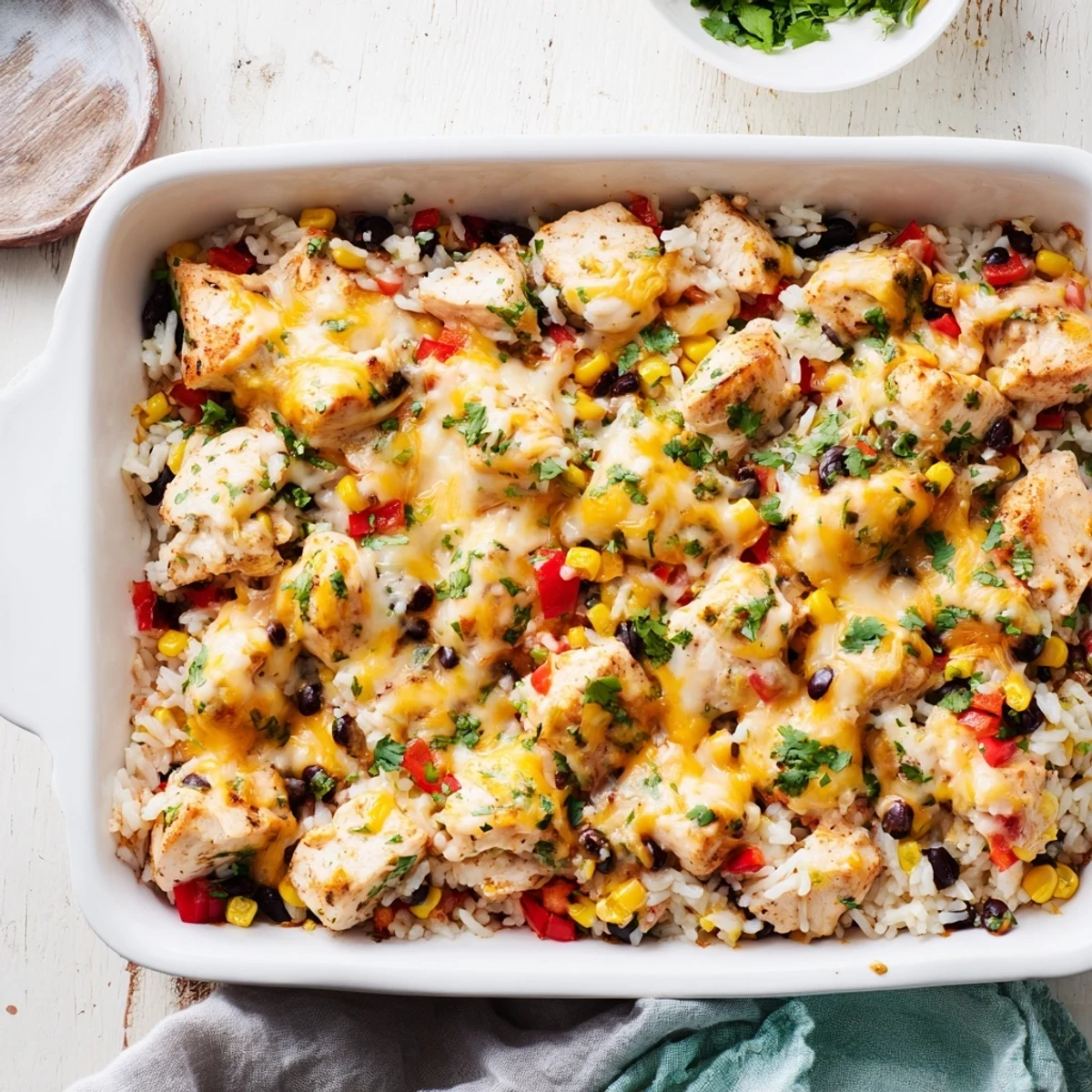 Fork lifting a hearty serving of Mexican Chicken and Rice Bake from a white ceramic plate.