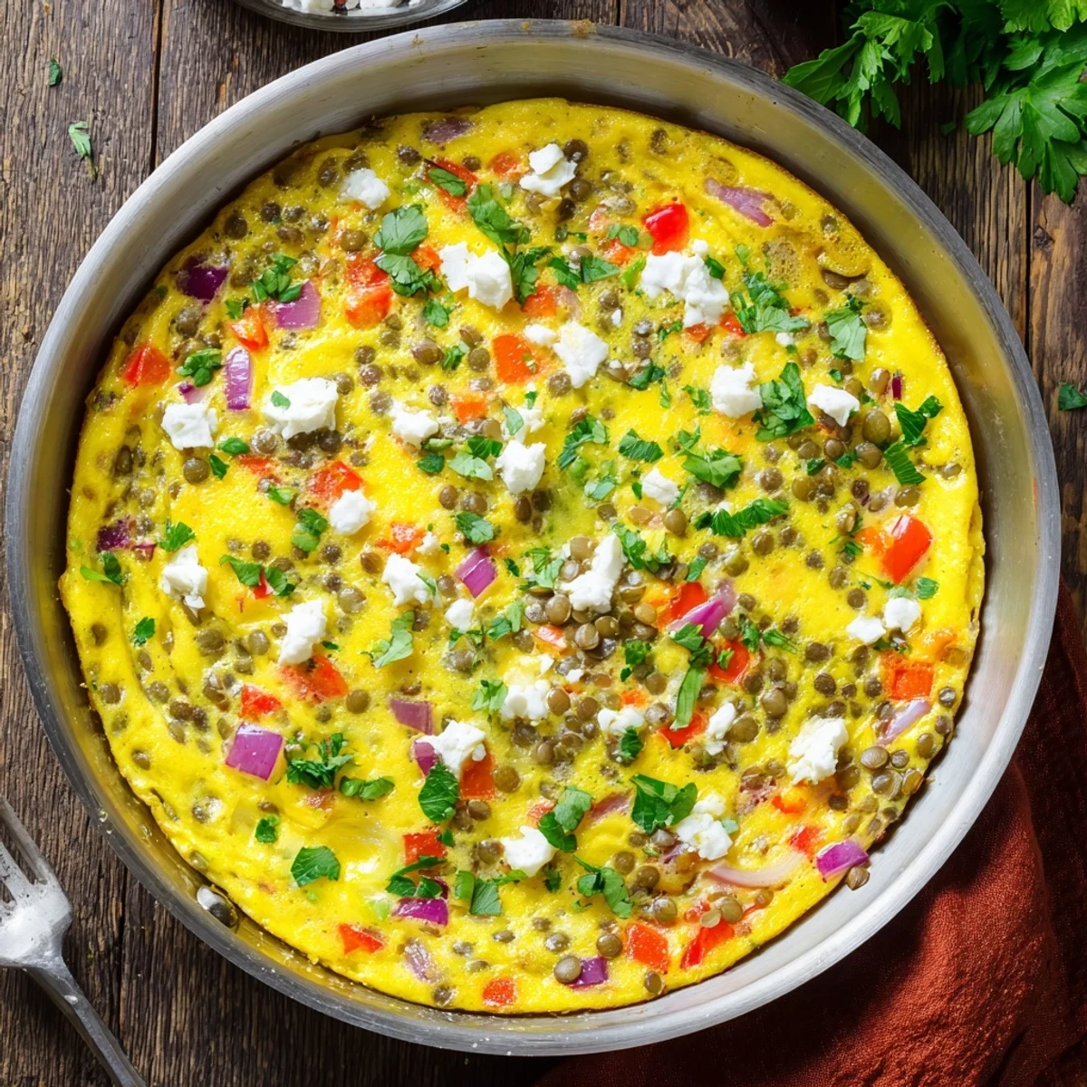 A warm slice of Healthy Lentil and Frittata shows golden edges and crumbled feta on a plate.