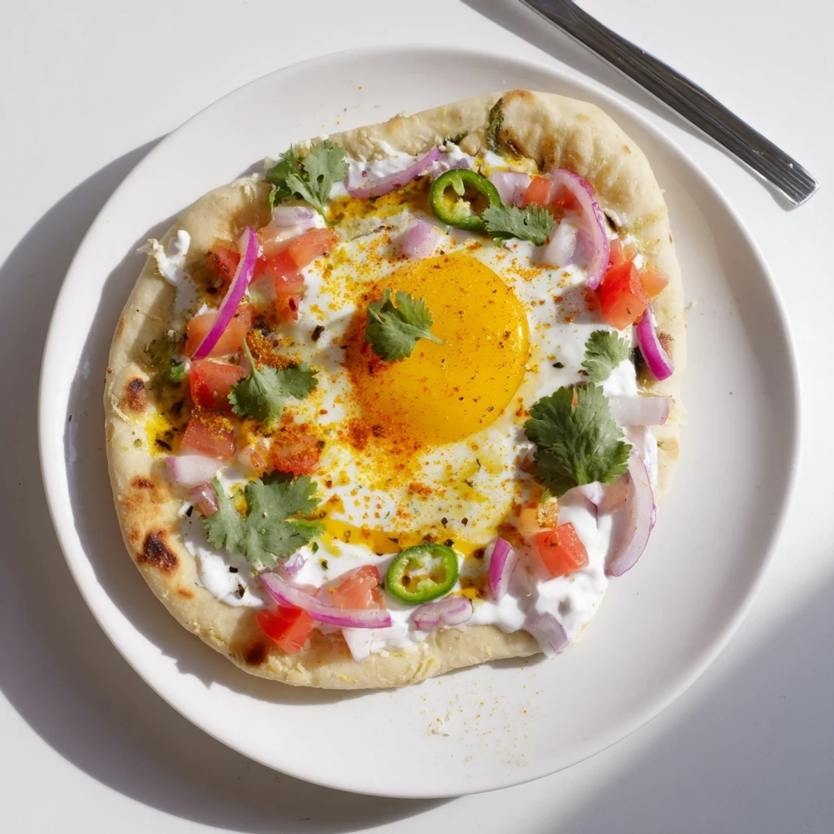 Warm, golden naan topped with curried fried eggs, fresh cilantro, and a creamy yogurt drizzle for a vibrant brunch.
