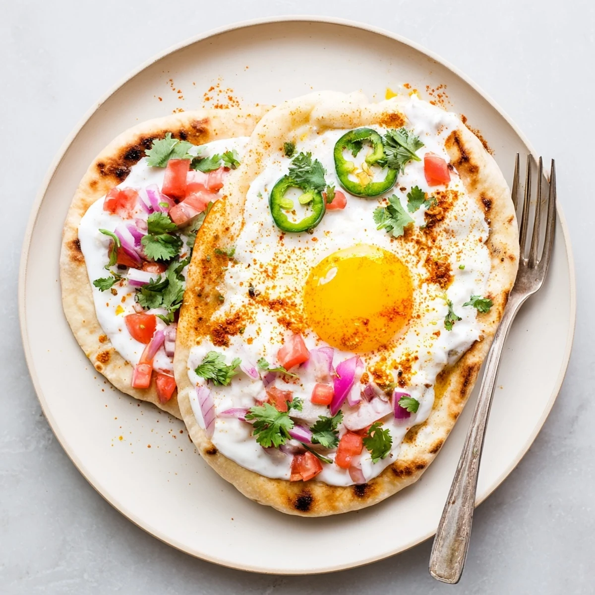 A close-up of curried fried eggs on naan with diced tomatoes, red onion, and a tangy yogurt sauce.
