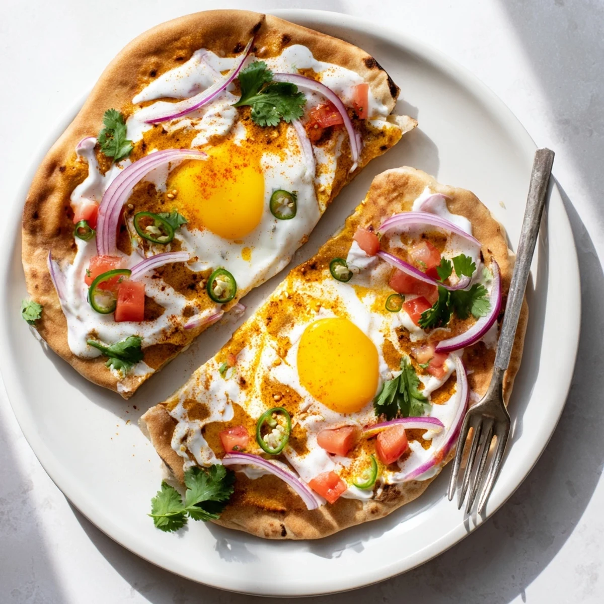 Curried fried eggs rest on buttery naan with herbs and spices, ready to serve with a yogurt drizzle.