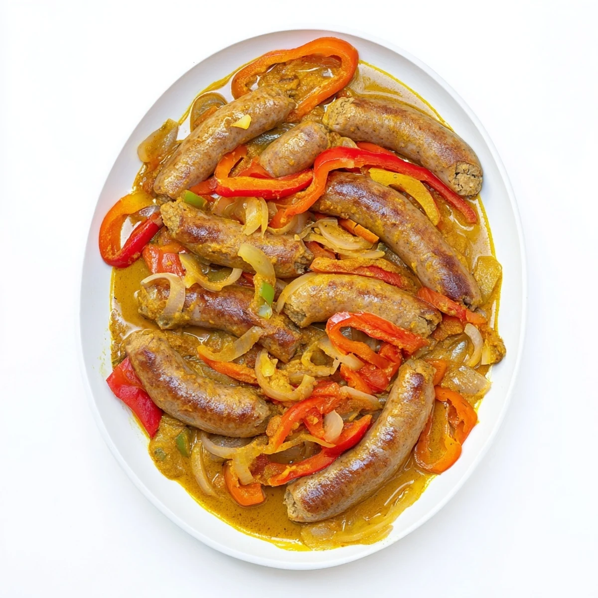 Juicy sausages simmer in a sweet and savory curry with tender bell peppers and apple chunks, served over fluffy rice.