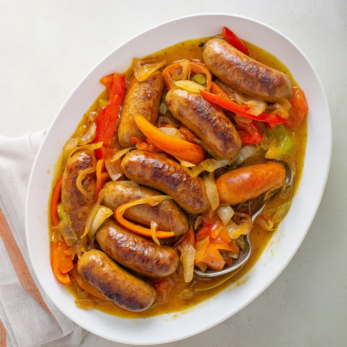 A hearty bowl of sweet and savory curry showcases plump sausages, colorful veggies, and warm naan bread for a comforting weeknight meal.