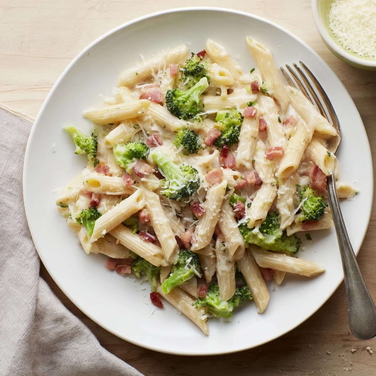 A close-up shot of Bacon Broccoli and Parmesan Pasta on a rustic plate, garnished with extra cheese and black pepper.