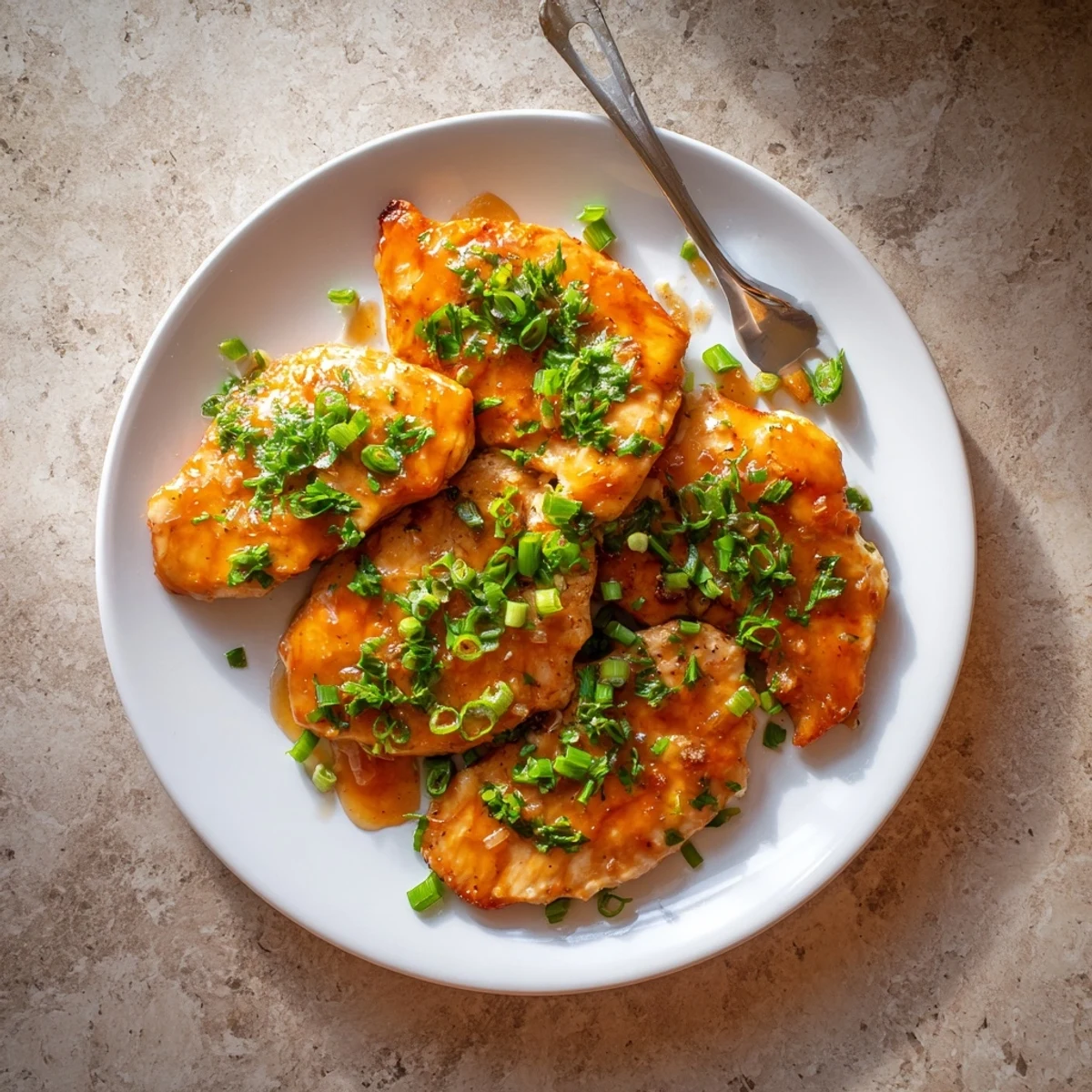 Golden-brown Classic Apricot Chicken breasts simmered in a glossy, tangy apricot sauce, garnished with fresh parsley and green onions on a rustic plate.