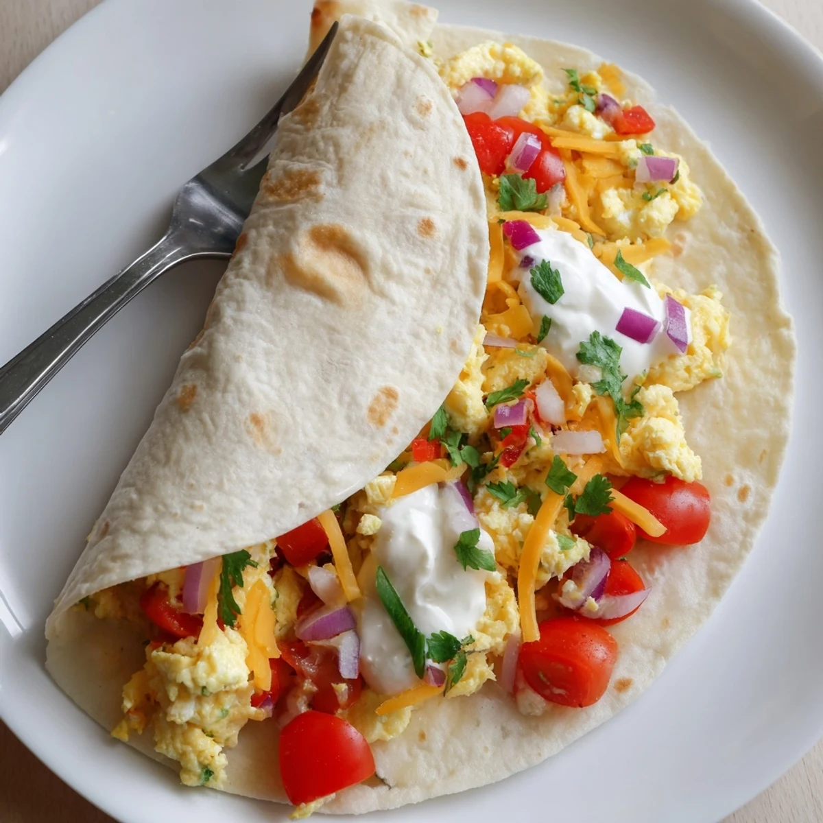 A close-up of Tex Mex Egg Tortilla Pockets, showing golden scrambled eggs and colorful peppers wrapped in warm tortillas.