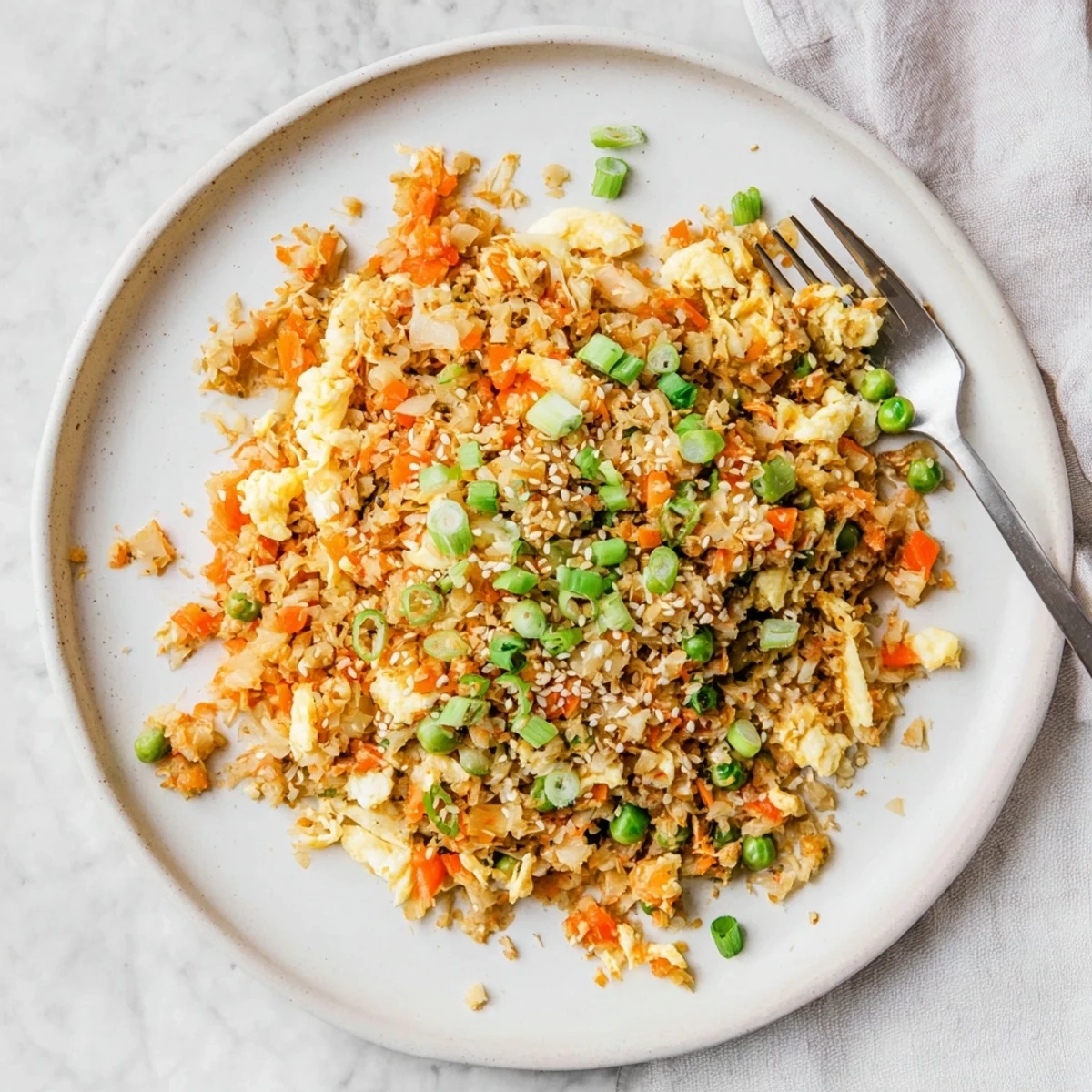 Healthy Cauliflower Fried Rice with Kimchi and Eggs served on a white plate, featuring vibrant orange carrots and pink kimchi chunks.