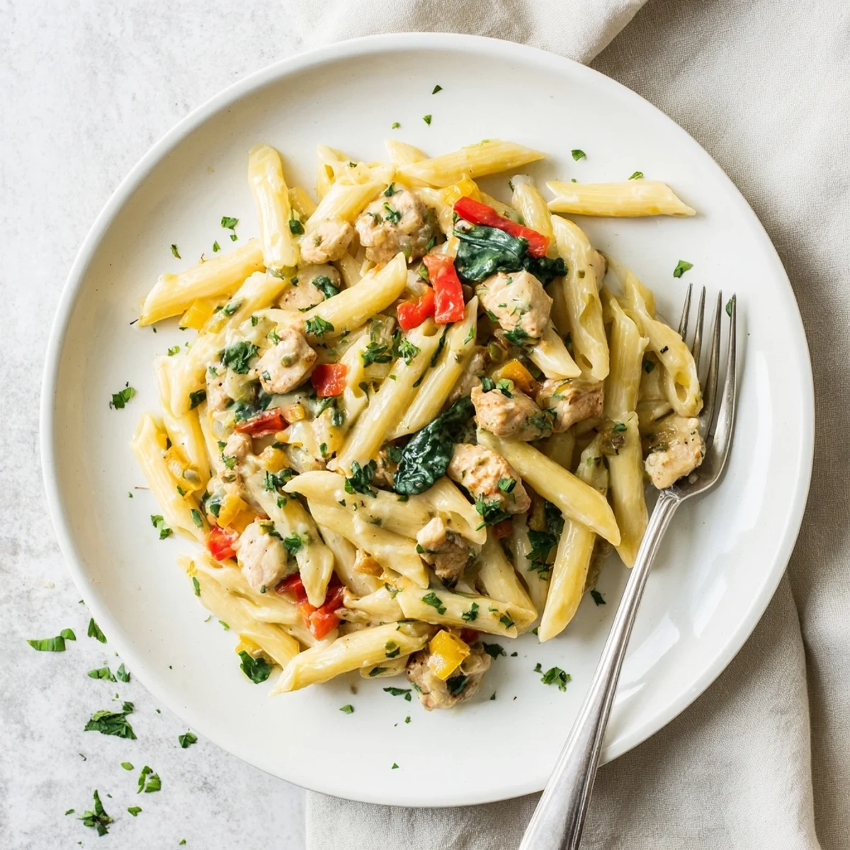 Golden pan of One Pan Creamy Chicken Pasta with tender chicken, red bell peppers, and fresh spinach leaves.