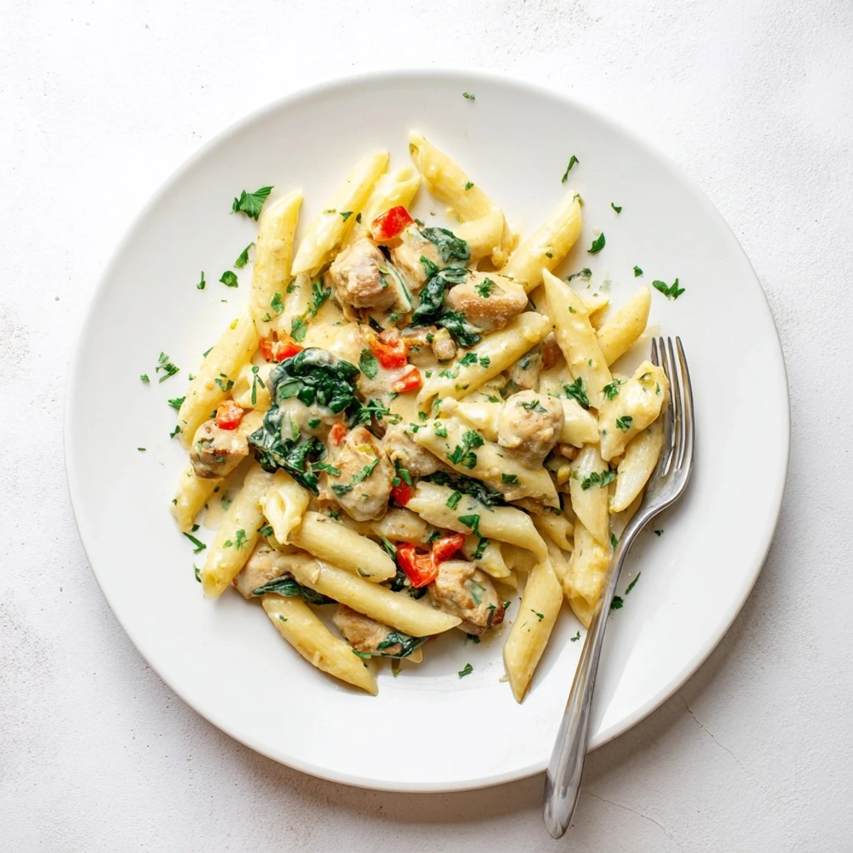 One Pan Creamy Chicken Pasta cooked in a single skillet, garnished with parsley and served steaming hot.