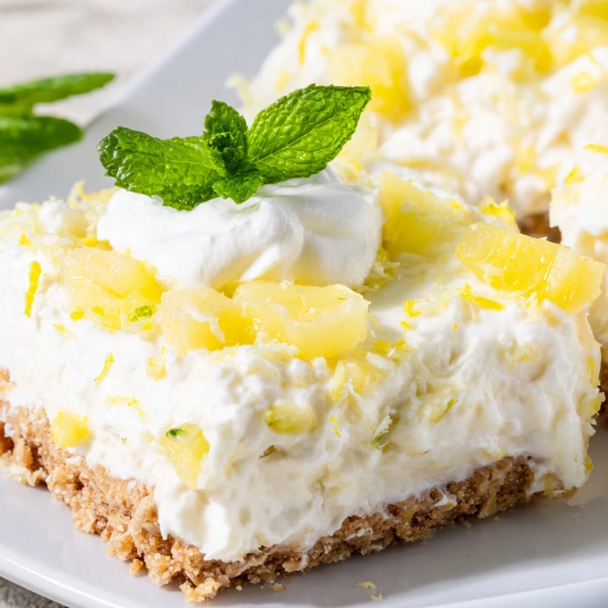 Slice of no bake pineapple cheesecake showing smooth cream cheese filling and tropical fruit garnish