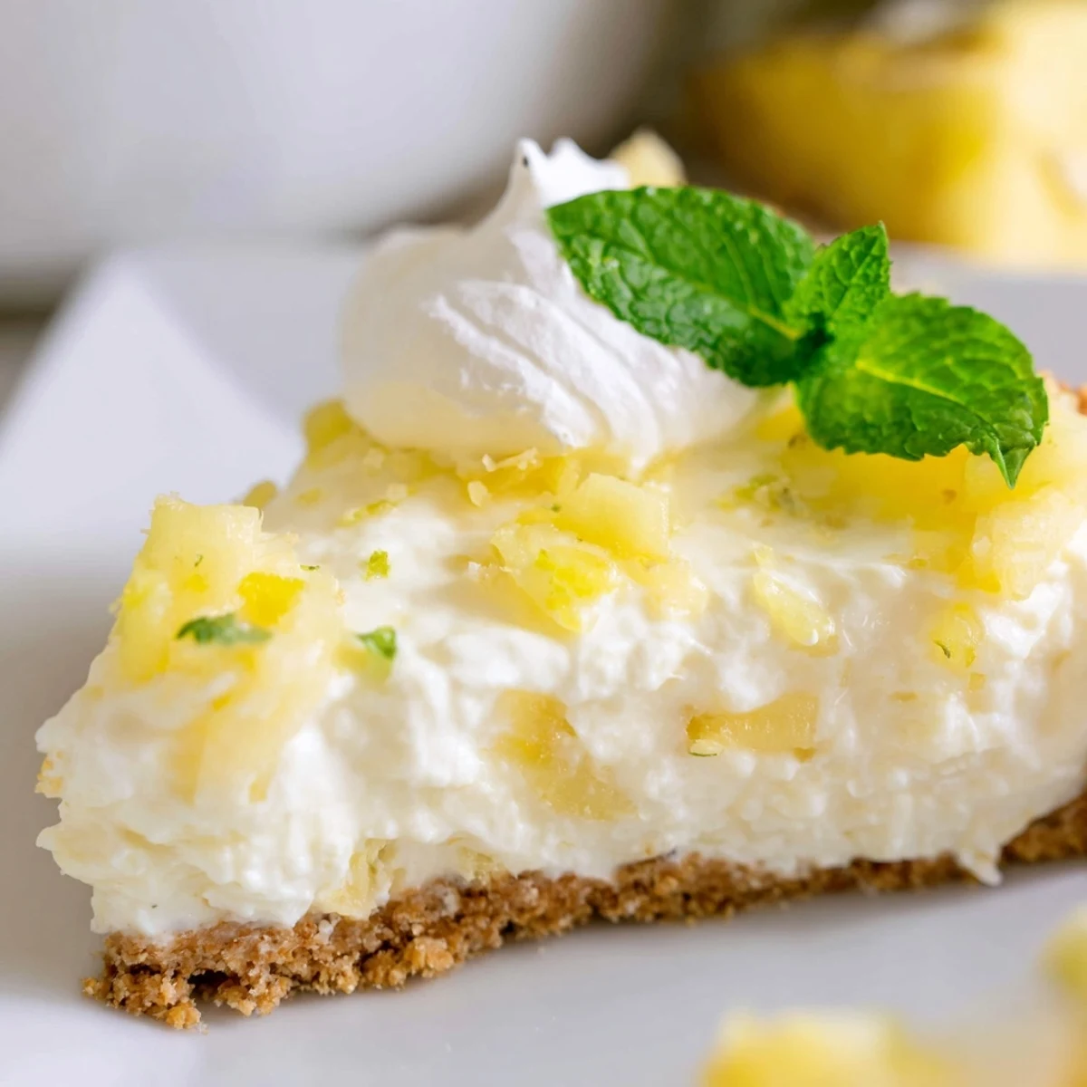 Creamy no bake pineapple cheesecake with graham cracker crust topped with golden crushed pineapple