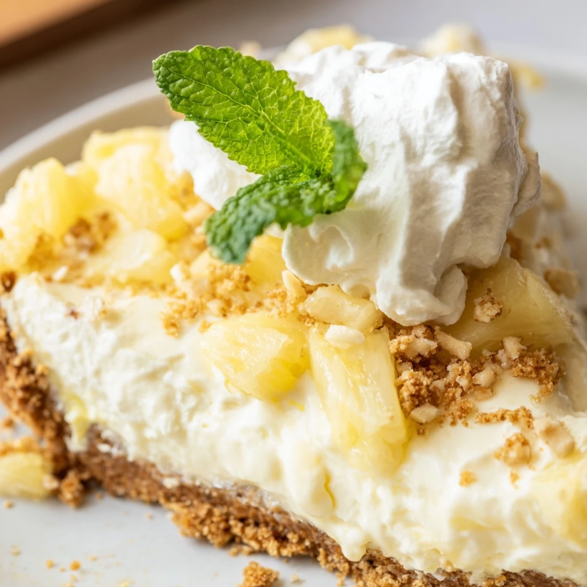 White plate with no bake pineapple cheesecake slice featuring whipped cream and fresh mint sprig