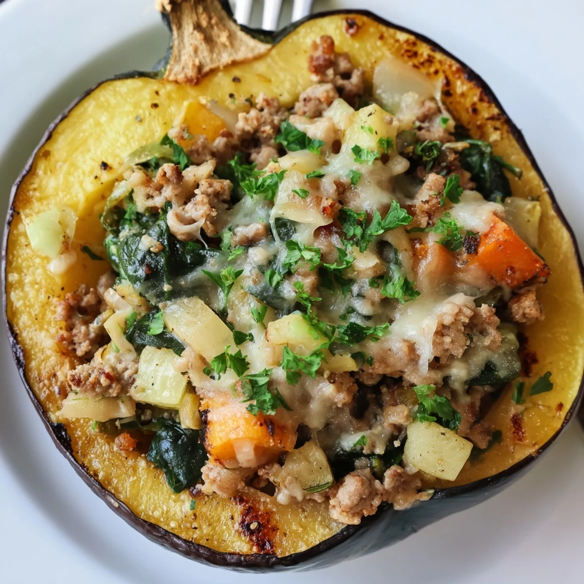 Golden roasted acorn squash halves overflowing with savory turkey stuffing and vegetables