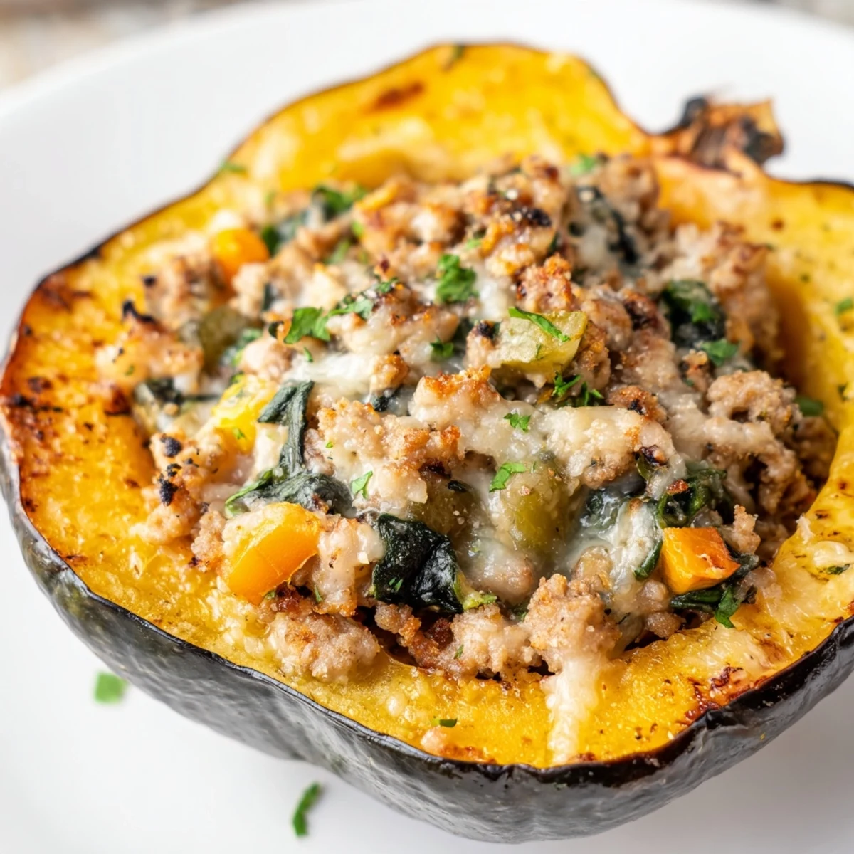 Hearty turkey stuffed acorn squash baked until tender with aromatic herbs and melted Parmesan