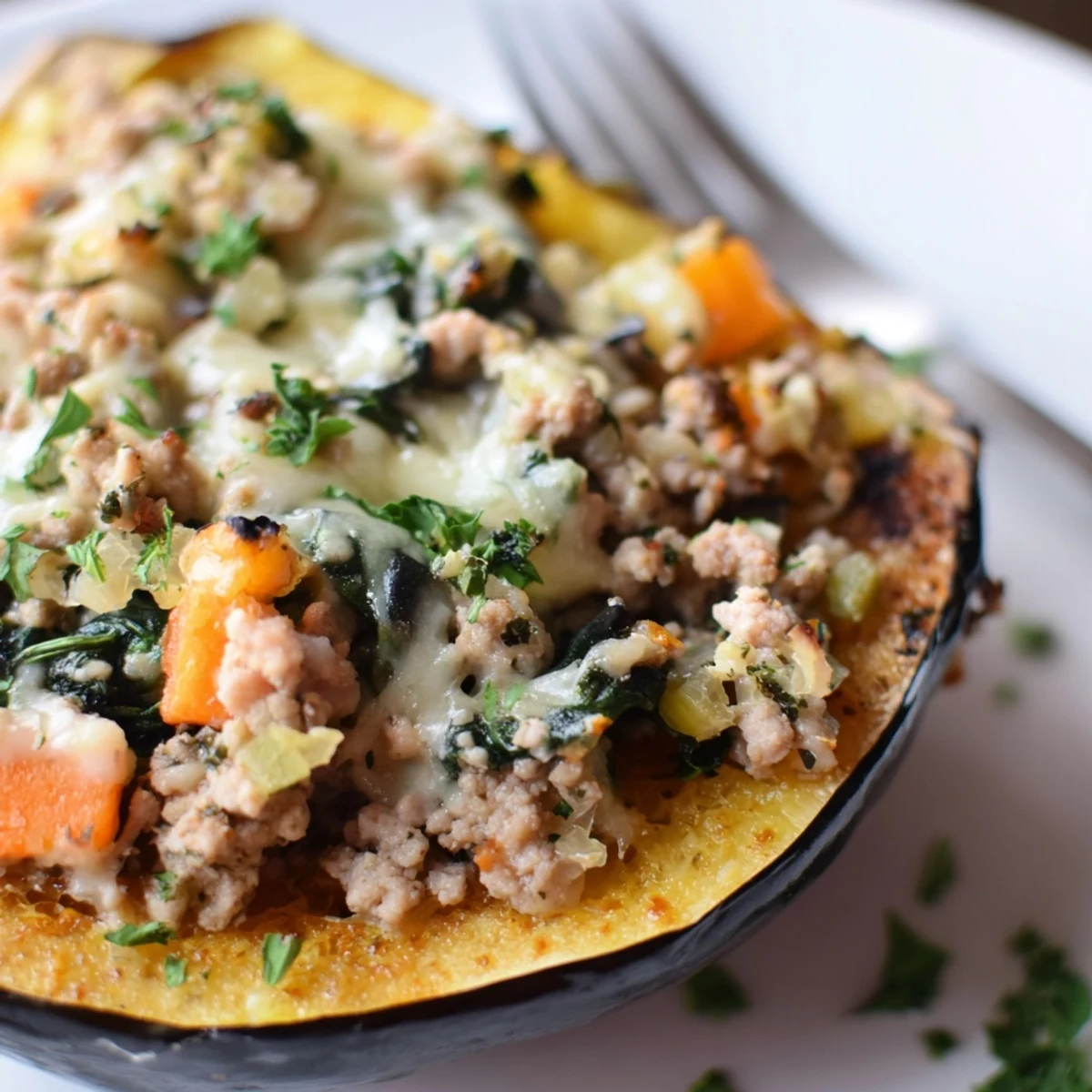 Autumn comfort food featuring roasted squash bowls filled with seasoned ground turkey and fresh vegetables