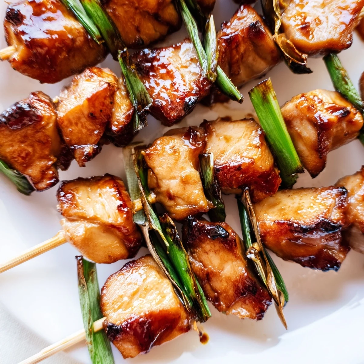 Golden glazed Japanese chicken yakitori skewers grilled to caramelized perfection with scallions