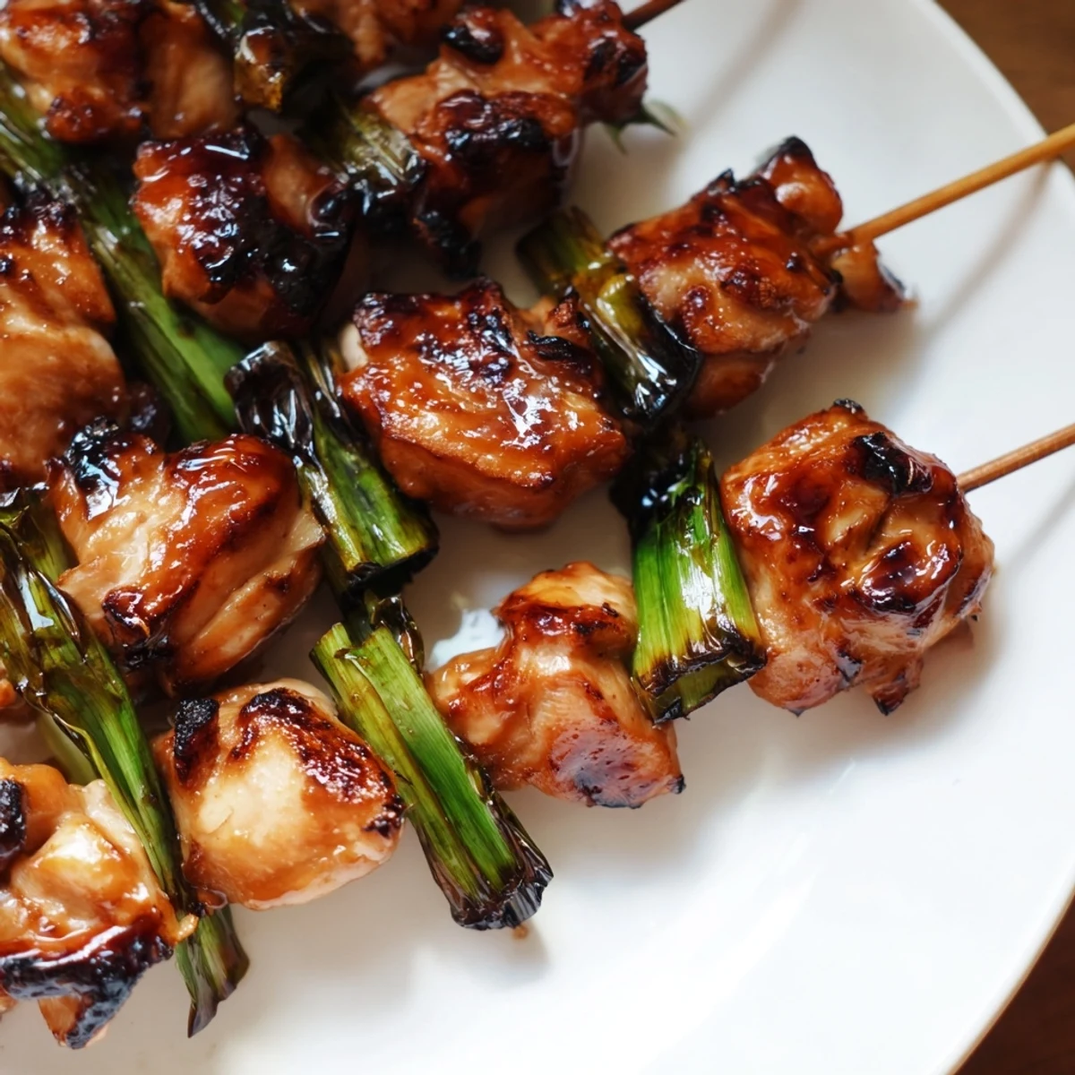 Tender chicken yakitori on bamboo skewers basted with shiny savory-sweet tare sauce