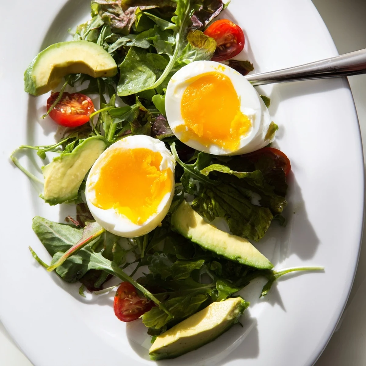 Savory breakfast plate with soft-boiled eggs, golden toast, and fresh dressed greens