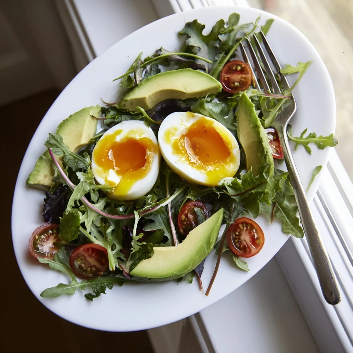 Wholesome morning meal featuring soft eggs, crisp artisan toast, and vibrant salad greens