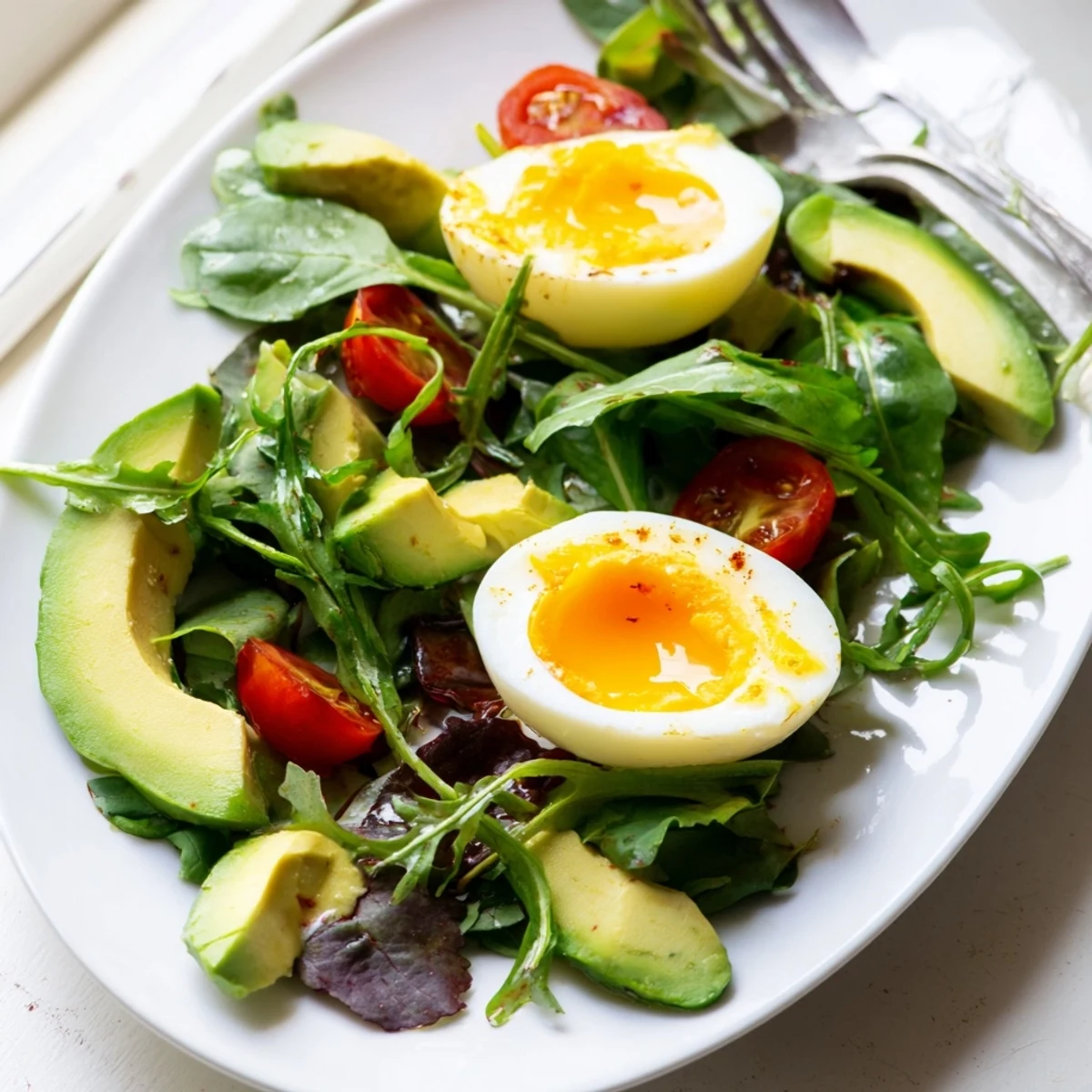 Protein-packed savory breakfast plate topped with jammy soft-boiled eggs and mixed greens