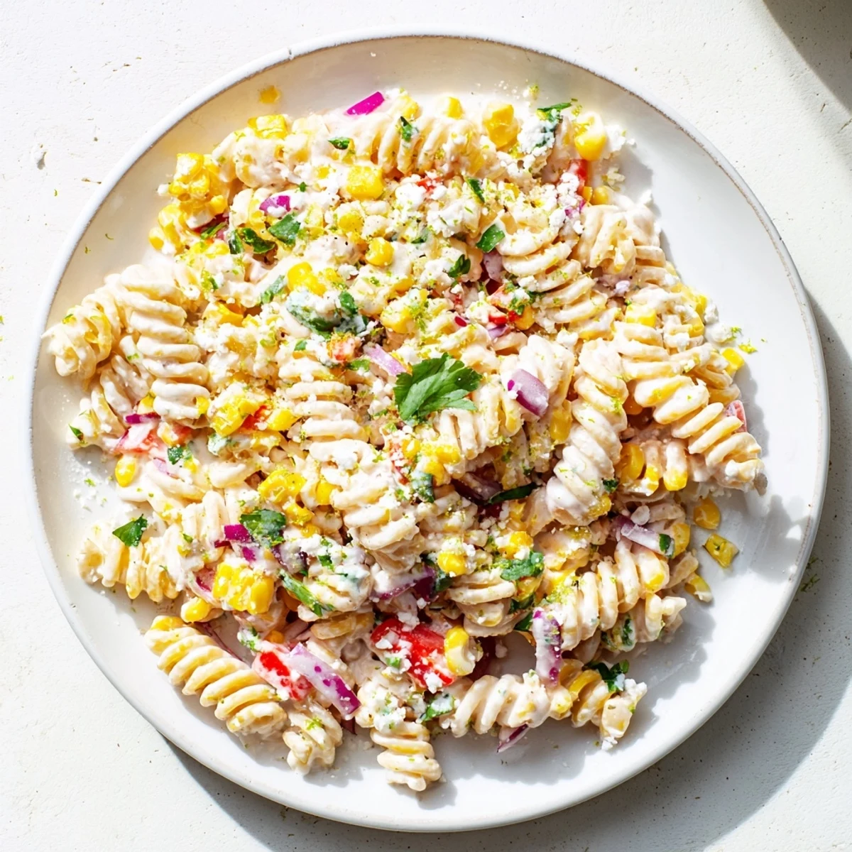 Vibrant bowl of Mexican street corn pasta salad featuring rotini noodles tossed with zesty spices, red pepper, and crumbly white cheese