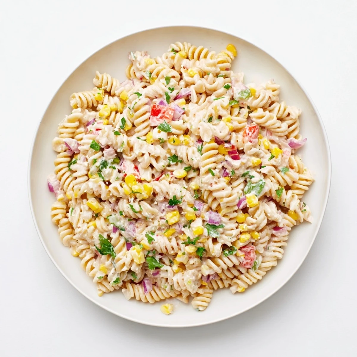 Creamy Mexican street corn pasta salad with golden corn kernels, cotija cheese, and fresh cilantro in a smoky lime dressing
