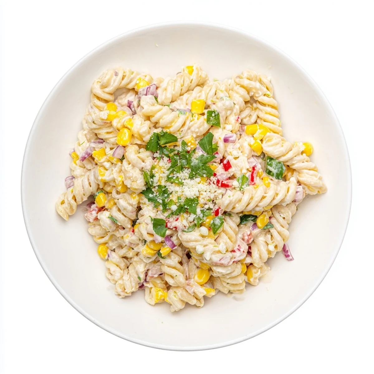 Close-up of Mexican street corn pasta salad showcasing grilled corn, jalapeño, and tangy crema coating each pasta piece
