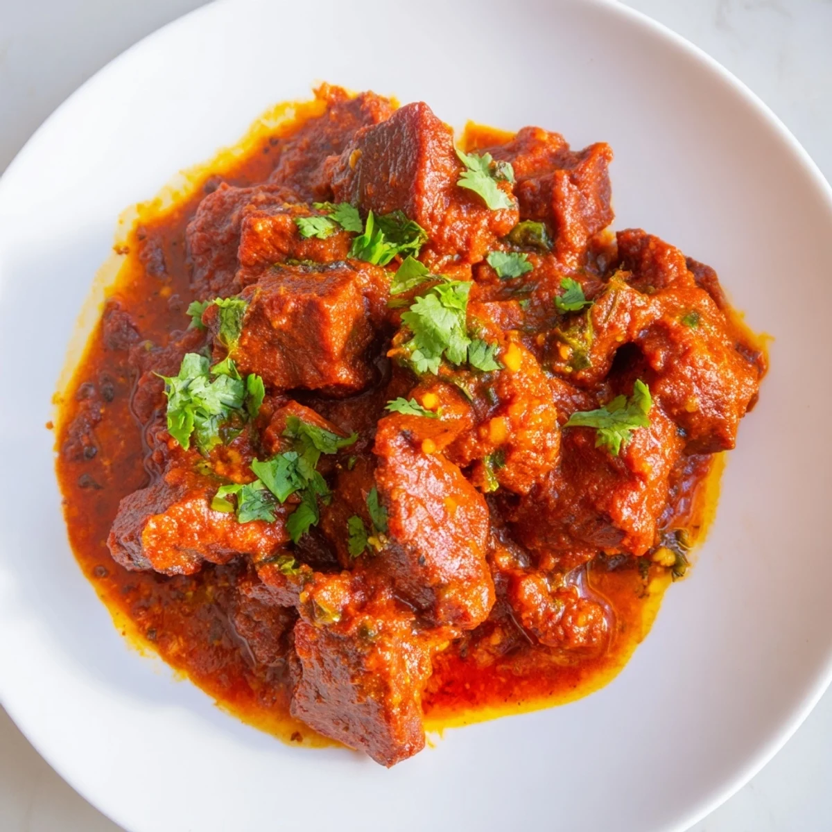 Savory Indian beef curry with tomato gravy garnished with fresh cilantro and served alongside warm naan bread