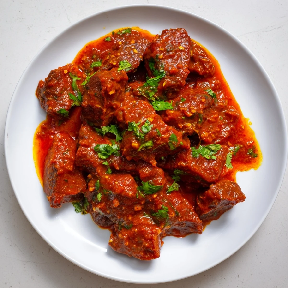 Tender beef cubes simmered in rich Indian beef curry with tomato gravy over steaming basmati rice