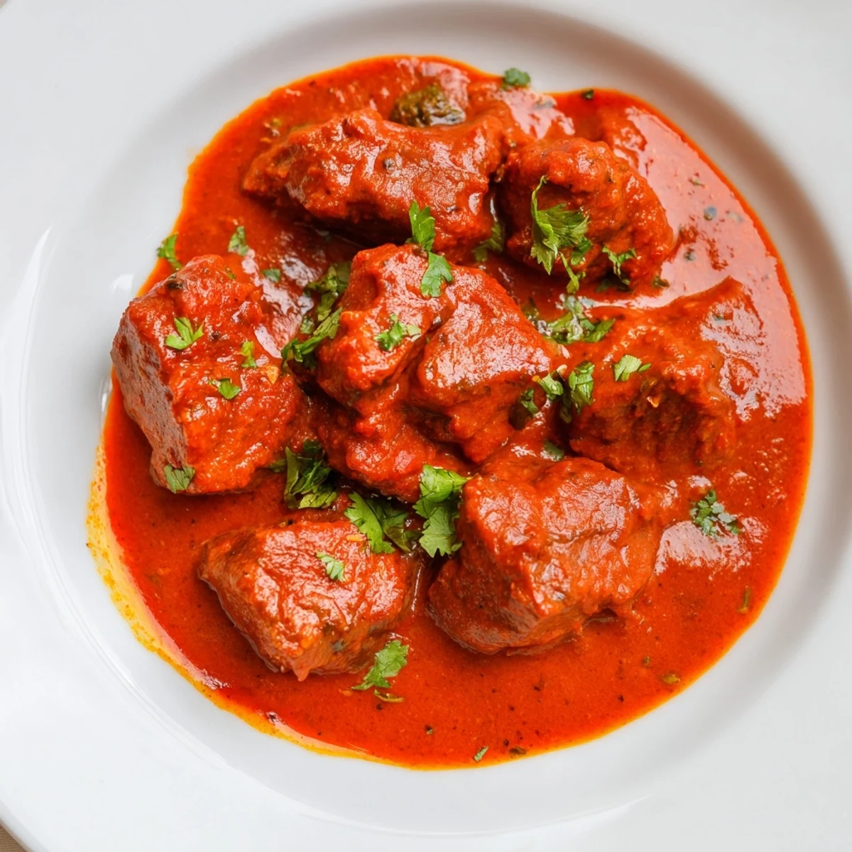 Golden brown beef pieces swimming in spiced Indian beef curry with tomato gravy in a rustic bowl