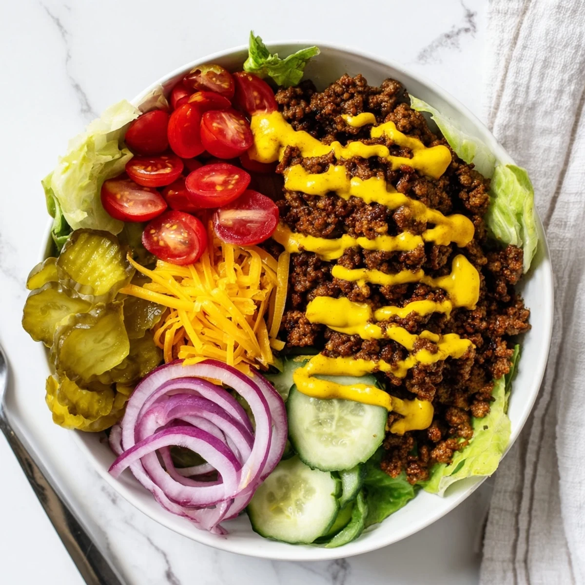 Deconstructed cheeseburger bowl with seasoned ground meat, crunchy romaine, ripe tomatoes, sliced pickles, diced avocado, and drizzled dressing for a healthy twist