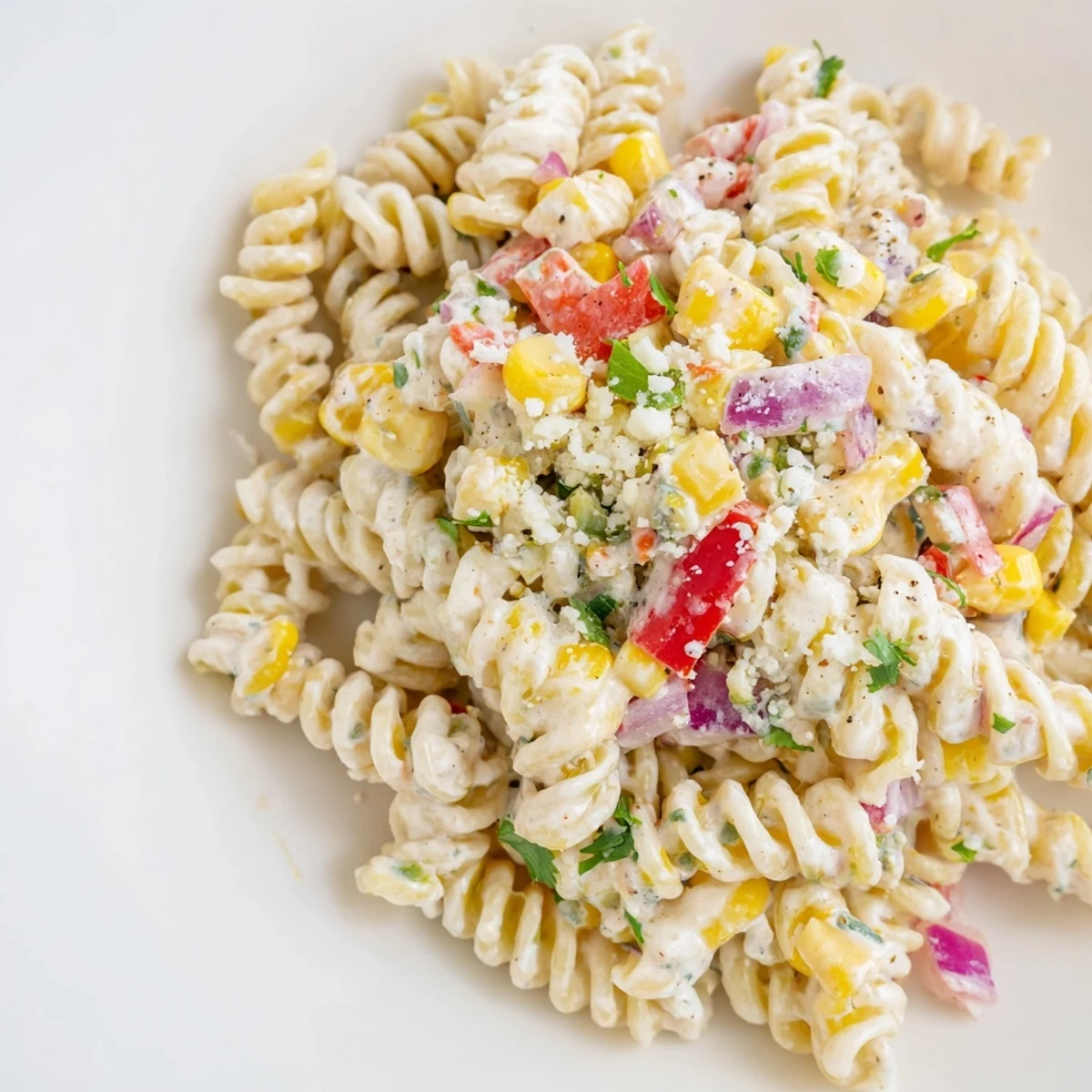 Close up of juicy street corn pasta salad featuring charred corn kernels, red bell pepper, and spicy mayonnaise lime dressing